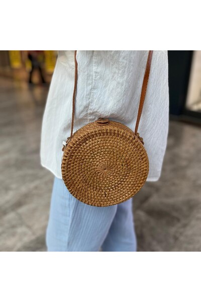 EdButikModa Yuvarlak Rattan Çanta Çapraz Askılı Bohem Günlük Omuz Çantası Doğal