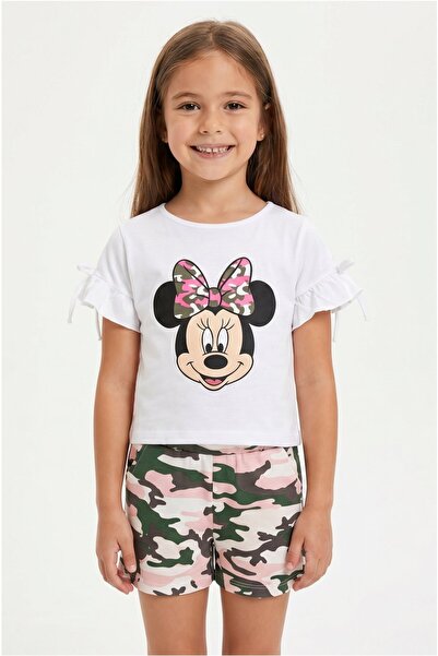 MAVİ BONCUKK Girl's Character Printed T-Shirt Camouflage Shorts Set