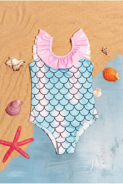Bebella&Baby Girl's Mermaid Patterned Swimsuit with Flounce Collar