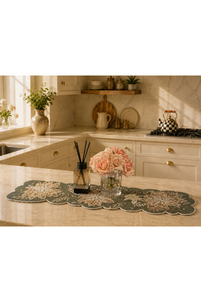 Miba Concept Boncuk İşlemeli Dekoratif Masa Runner 30x90 cm | Çiçek Motifli B...