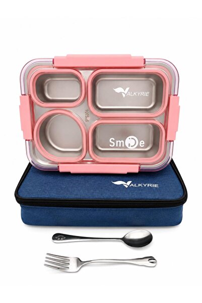 valkyrie 304 Paslanmaz Çelik 4 Bölmeli Pembe Lunch Box Termal Çantalı – Sızdırmaz Beslenme Kabı, Çat