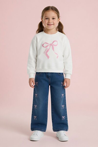 Cansın Mini Ecru Bow Embroidered Sweatshirt Jean Trousers Girls' Set 24529