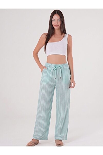 Flubutik Aqua Green Striped Adjustable Waist Linen Cotton Trousers