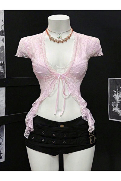 Yukatay Pembe Dantelli Bağlamalı Bolero Y2K Kısa Kollu Crop