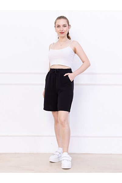 Flubutik Pantaloni scurți de damă din bumbac muselină negru