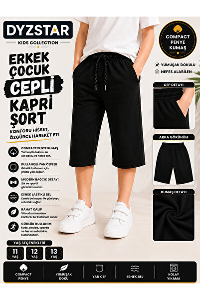 DYZSTAR Erkek Çocuk Cepli Kapri Şort Siyah Compact Penye Rahat Kalıp Lastikli...
