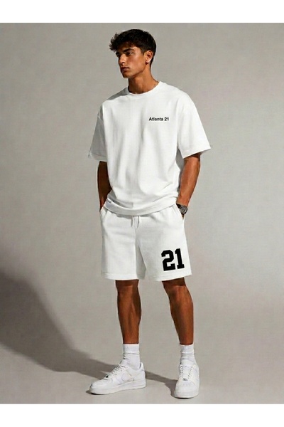 ONLY QUALİTY Unisex White Balance Printed Tshirt Black Summer Tracksuit Set