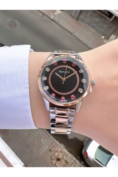 Ferrucci Kadın Gümüş Rose Metal Kordon Siyah Kadran Taş Detaylı Kol Saati 2 Yıl Garantili