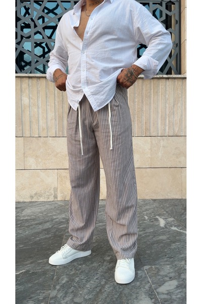 PEERLESS STORE Striped Baggy Linen Trousers