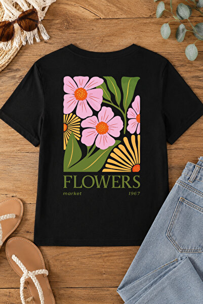 Spoyi Flower Market Design 100% Cotton Half Oversize Black T-Shirt