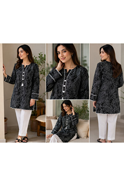 Libas lab - Black Printed Cotton Modest Shirt with Contrast Trim & Tassel Detail