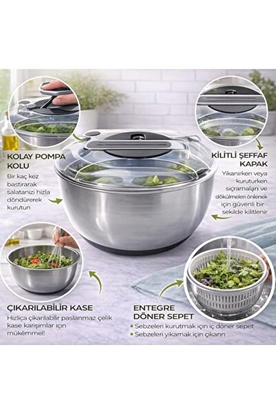 Yıldızan Msa Shop Stainless Steel Salad Dryer (Salad Spinner) – with Lid, Str...