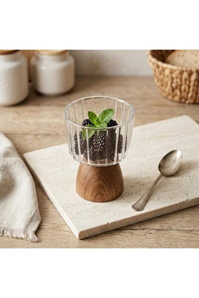 Yıldızan Msa Shop Natural Acacia Wood Leg Borosilicate Glass Serving Bowl - S...