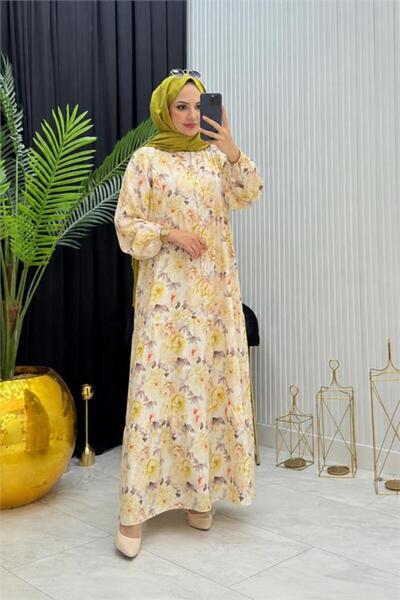 Neşeli Butik kadın sarı boydan düğmeli çiçek desenli yazlık tesettür elbise NMS098