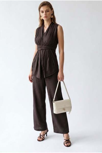 Mixray 2142 Women's Linen Blend Suit with Belt Detail, Brown