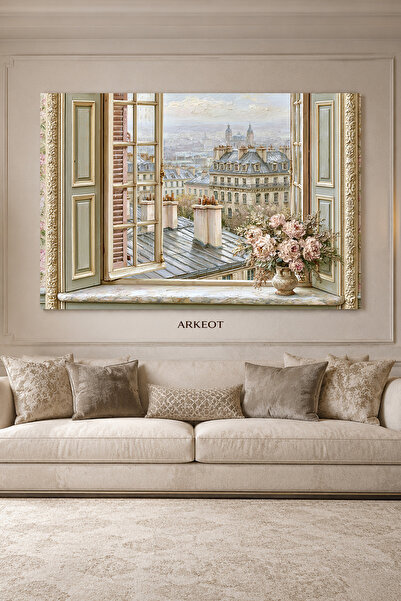 Arkeot Pencereden Romantik Paris Kanvas Duvar Tablosu - Dekoratif Salon Tablo