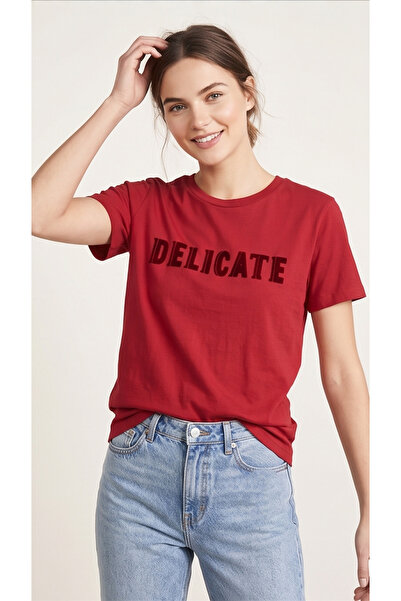 Collezione Women's Red 100% Cotton Lettered T-Shirt - Relaxed Fit