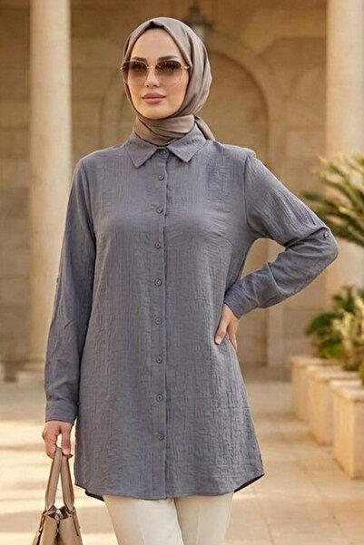 N.S NEVA STYLE Gray Strawberry Fabric Hijab Tunic with Buttons on the Front 1...