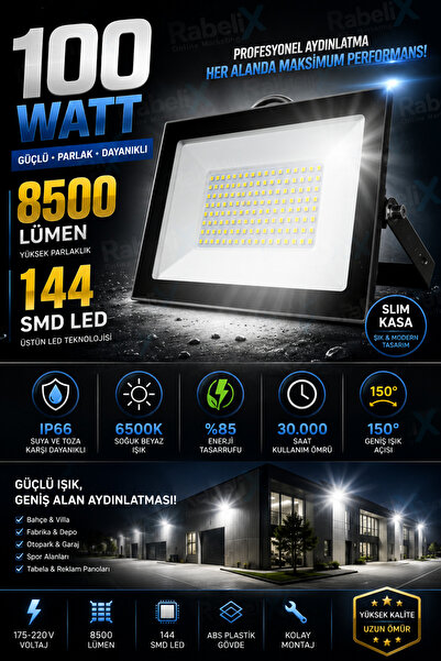 Rabelix Online Marketing 100 Watt LED Projektör 8500 Lümen 144 SMD IP66 6500K...