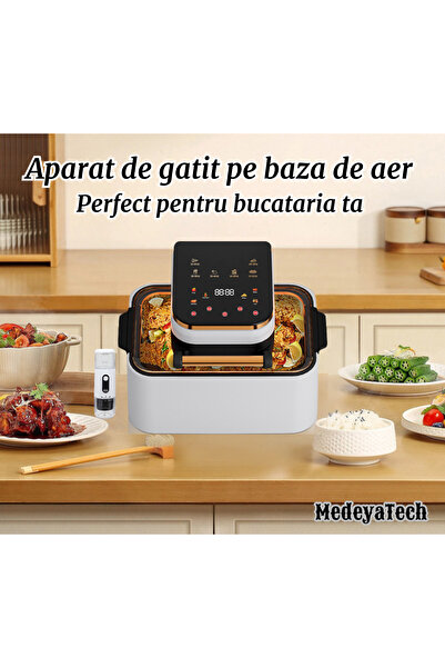 Medeyatech Friteuza profesionala cu aer cald 3 in1 digitala fara ulei Medeyatech™Airfryer, 1900W, capacitate 12l, Control touch, Timer, Display LED, 11 Programe Presetate, Protectie supraincalzire, Alb-auriu