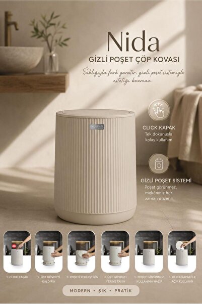 Okyanus Home Trash Can with Hidden Bag System and Click Lid - Beige