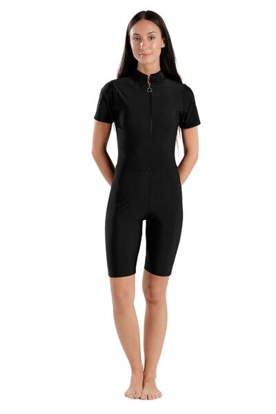 BAE MODEST One Piece Mid-Thigh Athletic Black Swimsuit with Half Sleeve