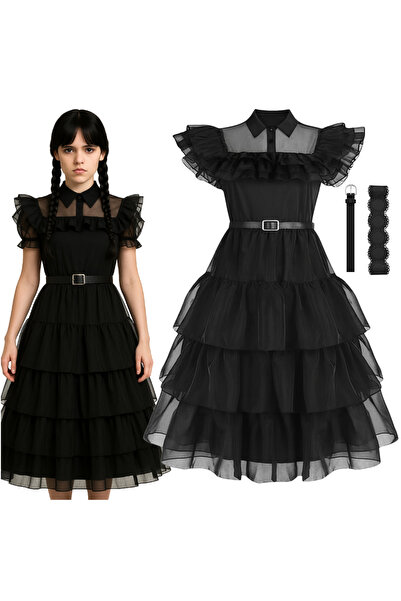 Korbi Costum pentru fete „Wednesday Addams” cu rochie din tul, mărimea 140
