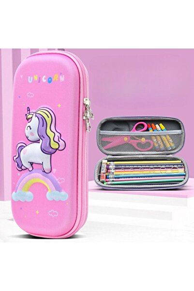 idei Cutie de Pixuri Rigidă EVA cu Relief 3D Unicorn Curcubeu Roz Pastel, Dim...