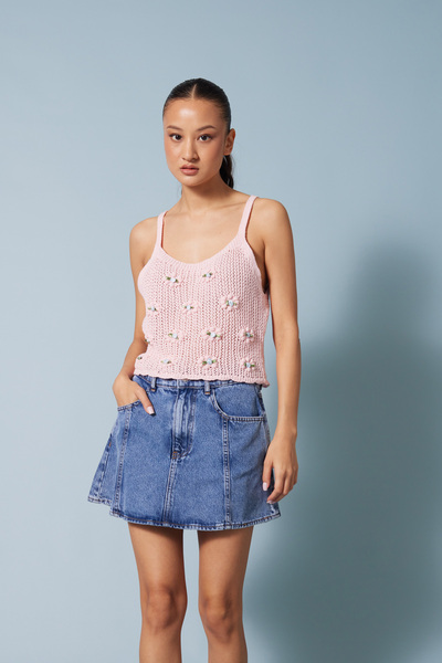 Nisan Flowered Pompom Tricotated T-Shirt Pink