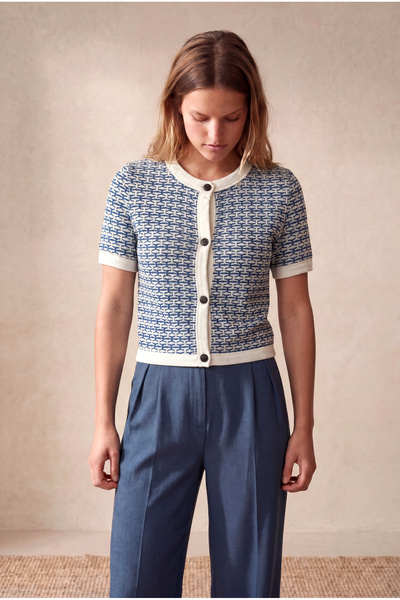 WESTMARK LONDON Women's Blue / Ecru Patterned Knitwear Look Regular Fit Crew ...