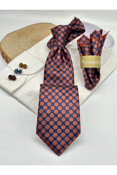 Gutiero Classic Tie with Orange Polka Dot Handkerchief