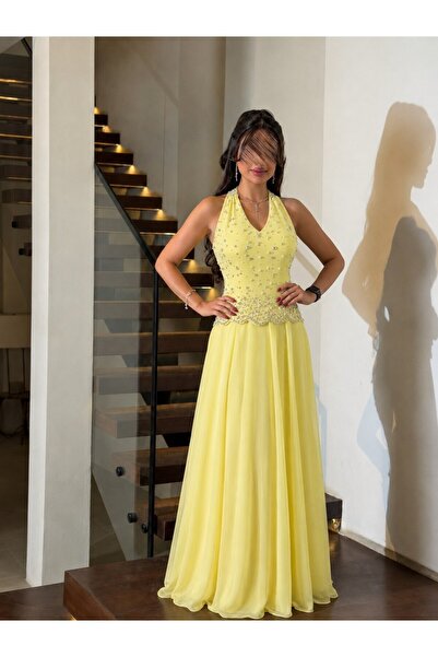 Jood Lime Green Evening Dress with Shiny Embroidery and Skirt