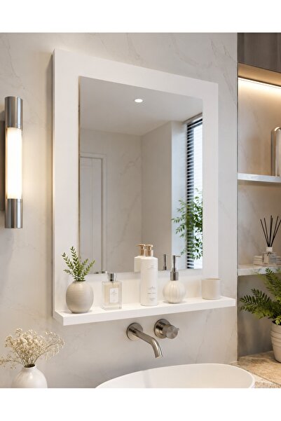 AVEVA HOME Safirr Banyo Aynası, Dresuar, 60x45 Beyaz Raflı Banyo Aynası