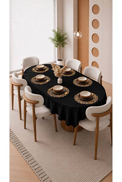 AHSEN TASARIM SİYAH VE LEOPAR DESENLİ , 6 KİŞİLİK 160x220 MASA ÖRTÜSÜ VE SUPL...