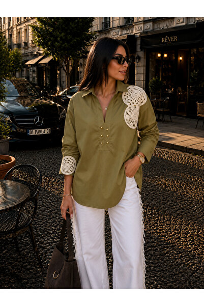 Genel Markalar Parla butik01 Güpür İşlemeli Oversize yeşil(olive) Gömlek