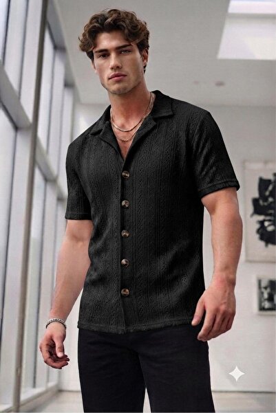 NO 601 Men's Black Stefan Knitwear Look Short Sleeve Summer Shirt