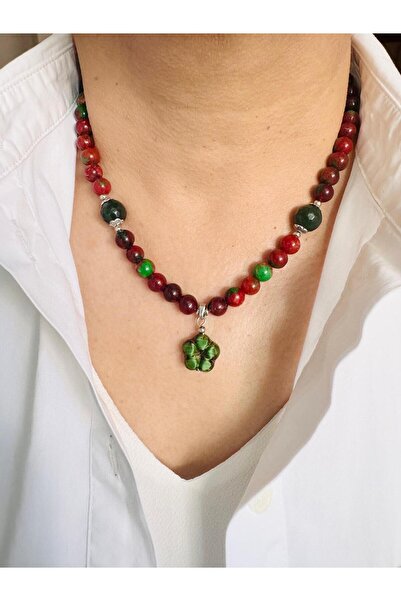 DEVİ fashion Natural Stone Design Flower Necklace 47 cm