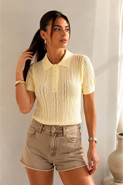 Arbucky Women's Buttoned Polo Collar Openwork Basic Knitwear Blouse