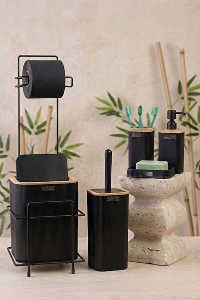 Kitchen Life Black Square Mina Due Stand Wc Paper Holder and 6 Piece Bathroom...
