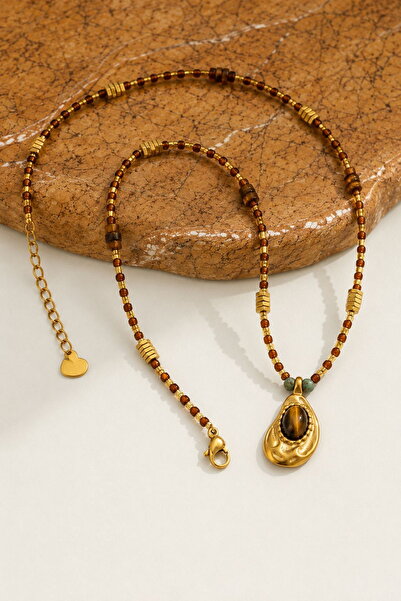 DEMOKAN Women's Steel Necklace Bead Stone Model Brown Steel Necklace