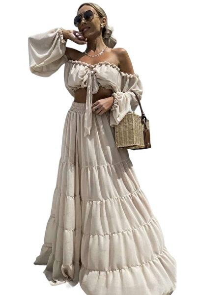Woman's Fashion Καλοκαιρινό μάξι φόρεμα με βολάν εκρού