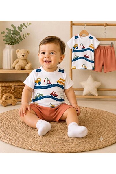 krm kerem bebe Little Explorer Vehicle Patterned Baby Boy Summer Top and Bott...