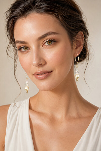 Camellie KY Jewels Crystal Veil Earrings | Ekru Vegan Cam İnci Şeffaf Premium...