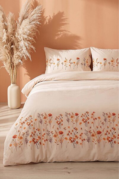Rivaİstanbul Iris Flower Pattern Double 100% Cotton Duvet Cover Set - 4 Pieces
