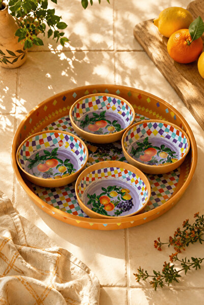 Sarkap Home 26 Cm Lemon Design Turuncu Meyve Tabağı Ve 10x3,2 cm 4'lü Çerezli...