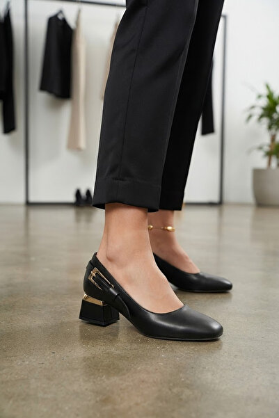 Solly Çpç024-C Black Leather Women's Heeled Shoes with Side Buckle