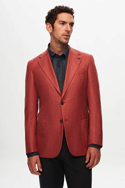 Damat Slim Fit Kırmızı Düz Yün İpek Karışımlı Kumaş Ceket