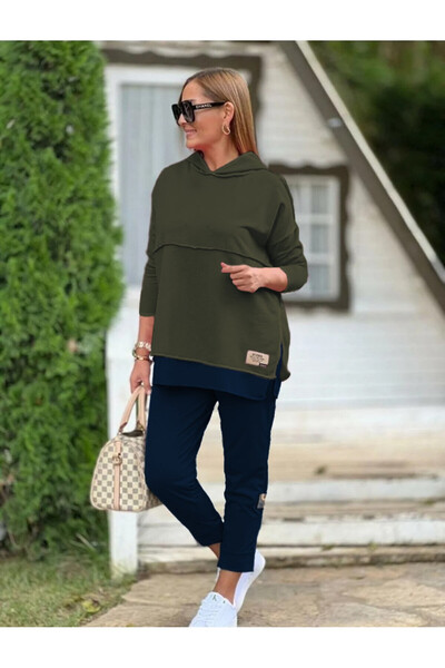 Efnaz style Women's Khaki Hooded Hem Detail Trim Reverse Stitching Double Suit