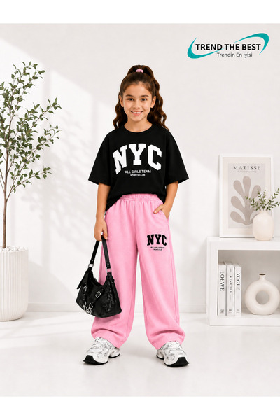 TREND THE BEST Trendin En İyisi Summer Girls' Nyc Printed Pink Sweatpants and...