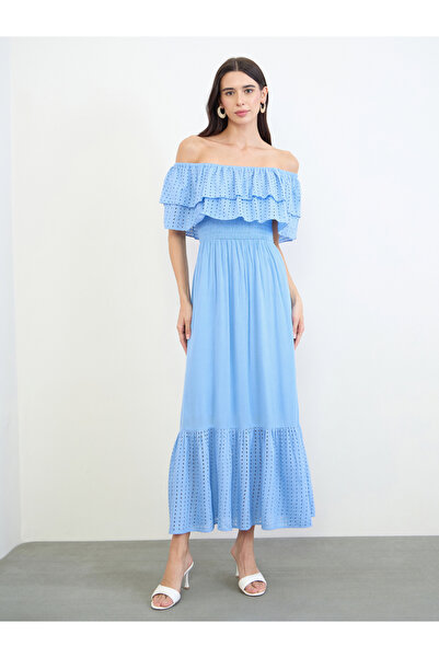 Styli Blue Cotton Schiffli Off-Shoulder Maxi Dress